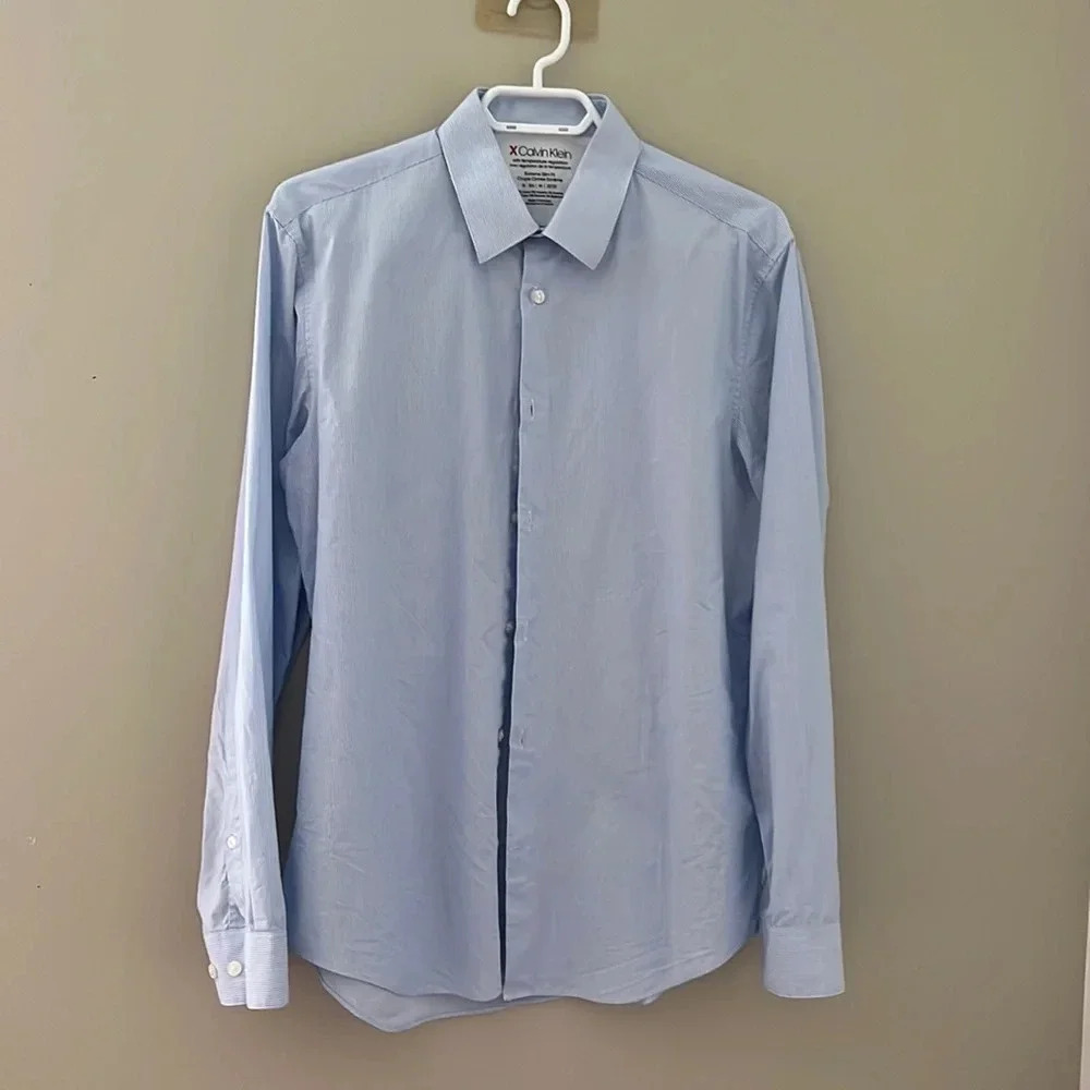 Calvin Klein X Extreme Slim Fit Dress Shirt Blue Stripe 15.5 M 32/33